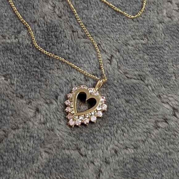 Jewelry - Heart Shaped Pendant w/ Clear & Pale Pink CZ's - Gold over Sterling Silver